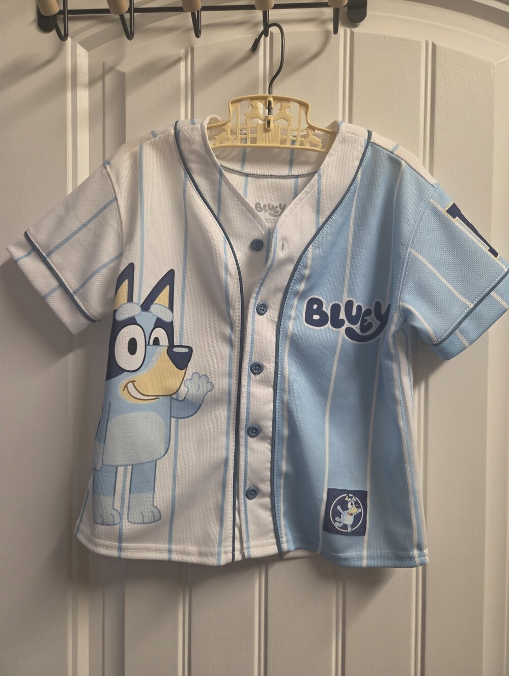 Short-Sleeve Bluey Kids Baseball Jersey - Light Blue & White